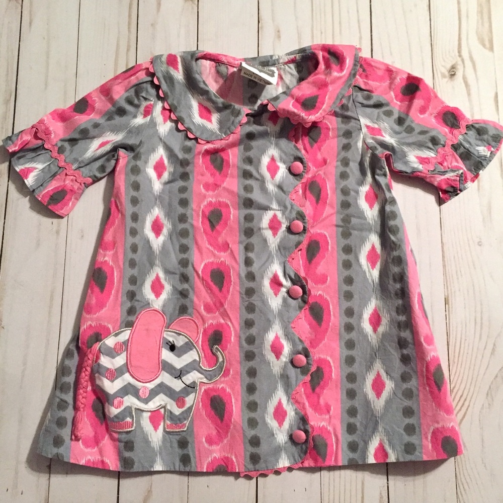 Pink Gray Paisley Ikat Elephant Dress Baby Girl